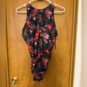 Shade & Shore Black One-Piece Swimsuit with Pink & Red Floral Print